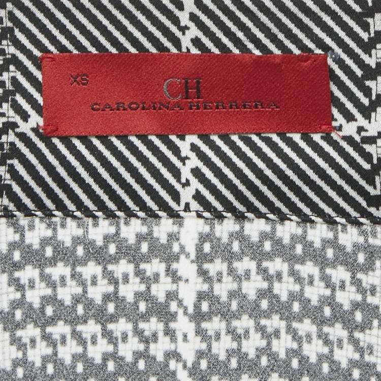Pre Owned CH Carolina Herrera Black Houndstooth Print Satin Loose Fit Blouse XS
