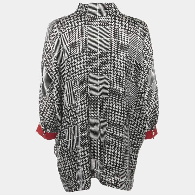 Pre Owned CH Carolina Herrera Black Houndstooth Print Satin Loose Fit Blouse XS