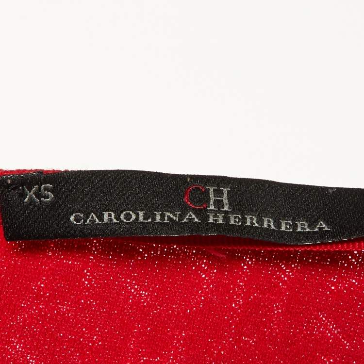 Pre Owned CH Carolina Herrera Red CH Pattern Cotton V-Neck Top XS