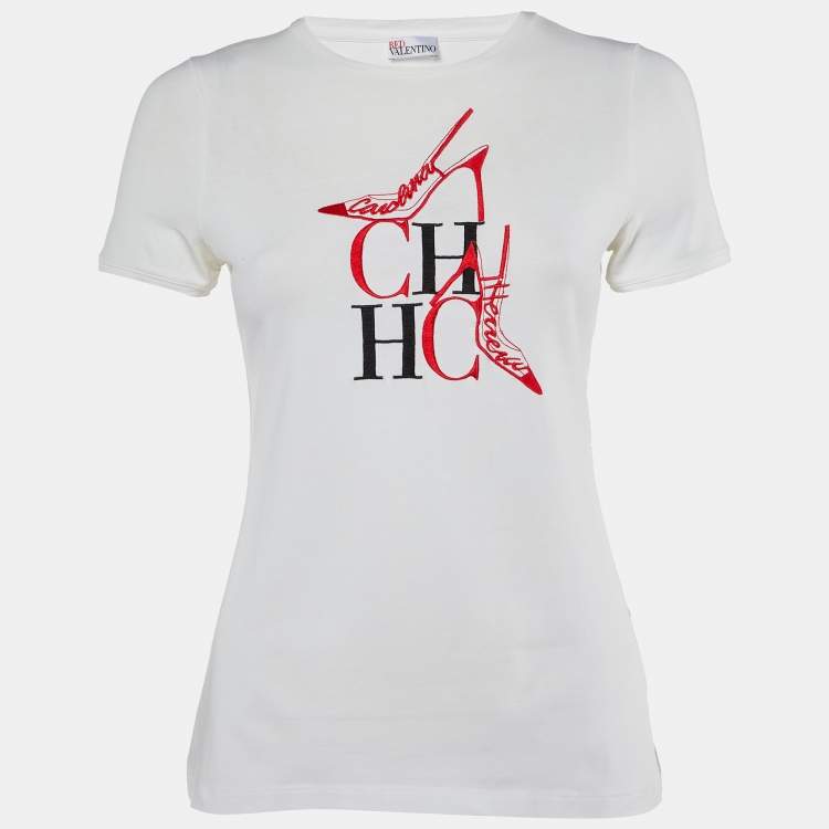 Pre Owned CH Carolina Herrera White CH Embroidered Cotton T-Shirt XS