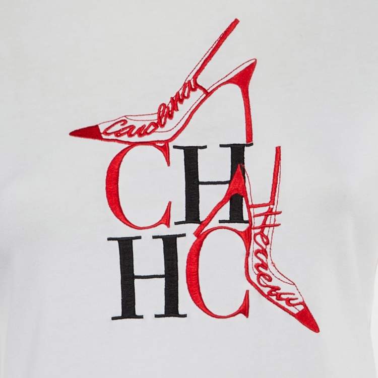Pre Owned CH Carolina Herrera White CH Embroidered Cotton T-Shirt XS