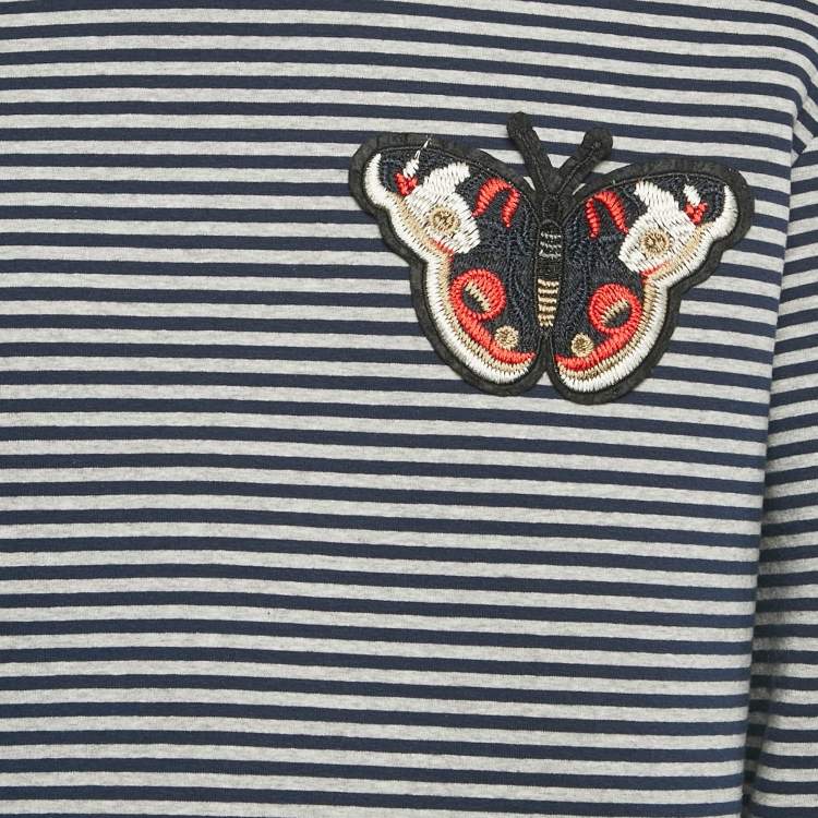 Pre Owned CH Carolina Herrera Blue/Grey Striped Neoprene Butterfly Applique Sweatshirt L