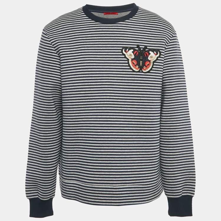 Pre Owned CH Carolina Herrera Blue/Grey Striped Neoprene Butterfly Applique Sweatshirt L