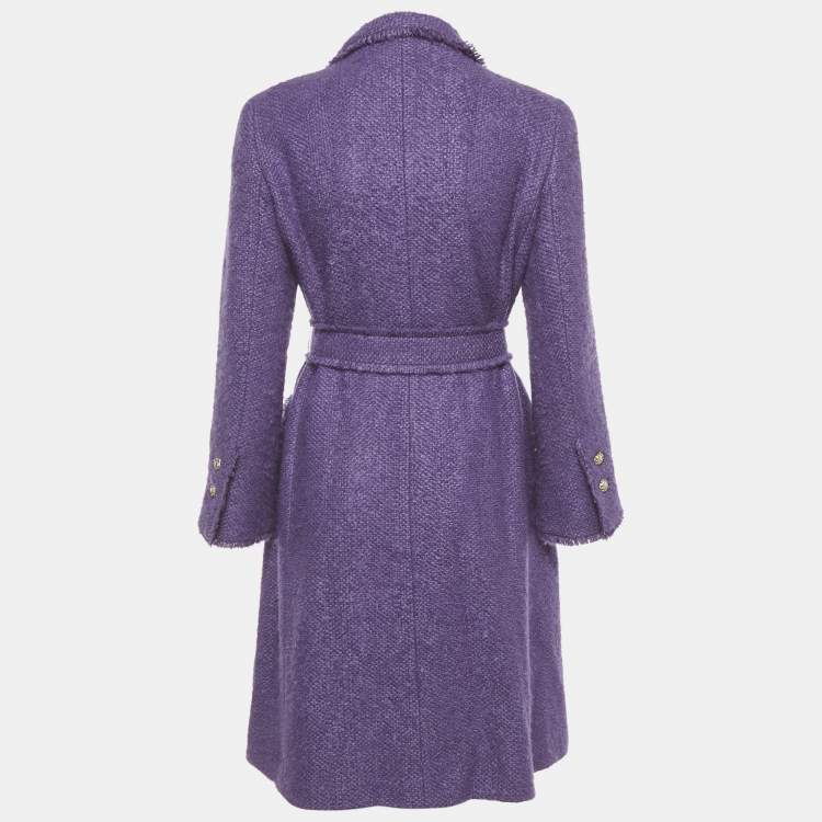 Pre Owned CH Carolina Herrera Purple Wool Blend Tweed Belted Mid-Length Coat M