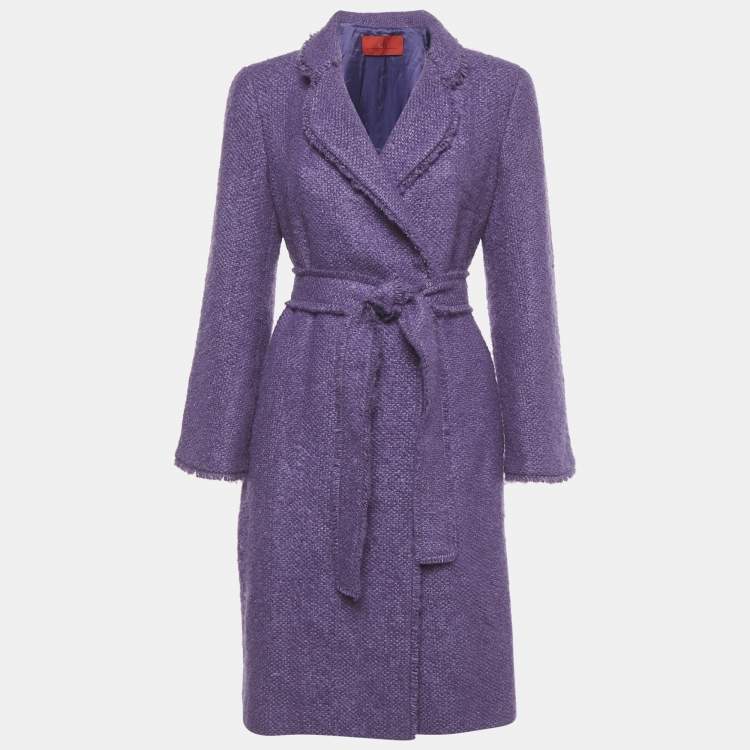 Pre Owned CH Carolina Herrera Purple Wool Blend Tweed Belted Mid-Length Coat M