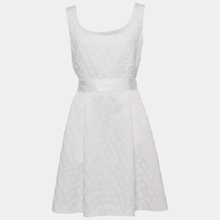 Pre Owned CH Carolina Herrera White Textured Jacquard Sleeveless Mini Dress L