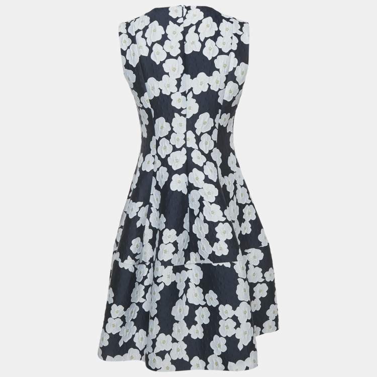 Pre Owned CH Carolina Herrera Navy Blue Floral Jacquard Flared Short Dress M