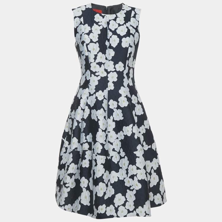 Pre Owned CH Carolina Herrera Navy Blue Floral Jacquard Flared Short Dress M