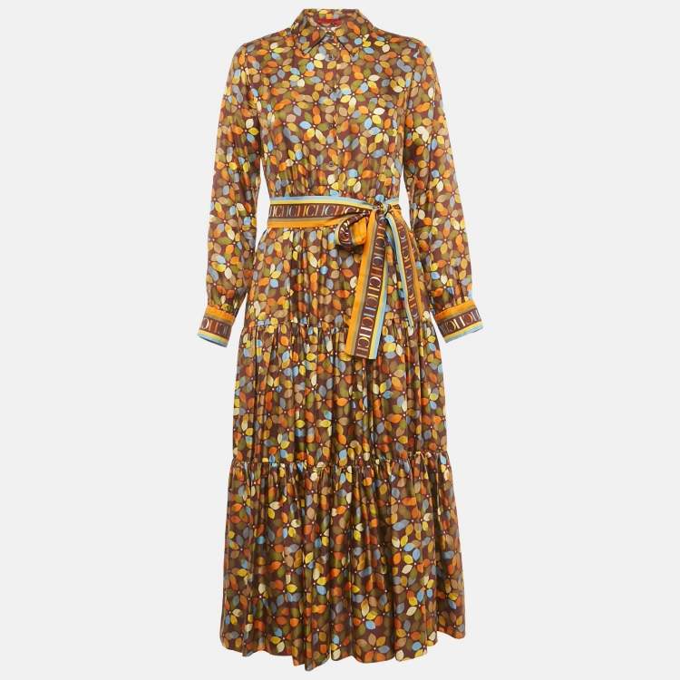 Pre Owned CH Carolina Herrera Brown Floral Print Silk Belted Midi Dress S 