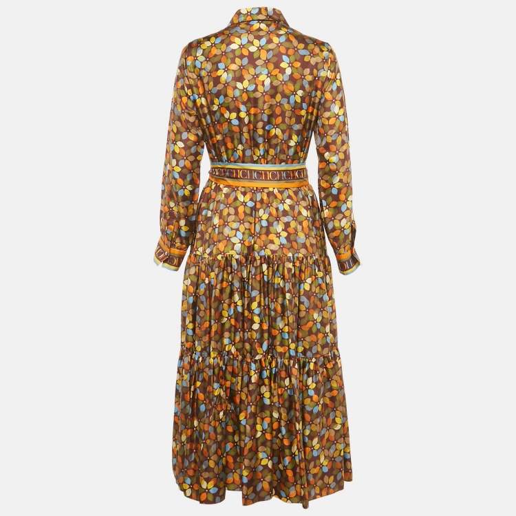Pre Owned CH Carolina Herrera Brown Floral Print Silk Belted Midi Dress S 