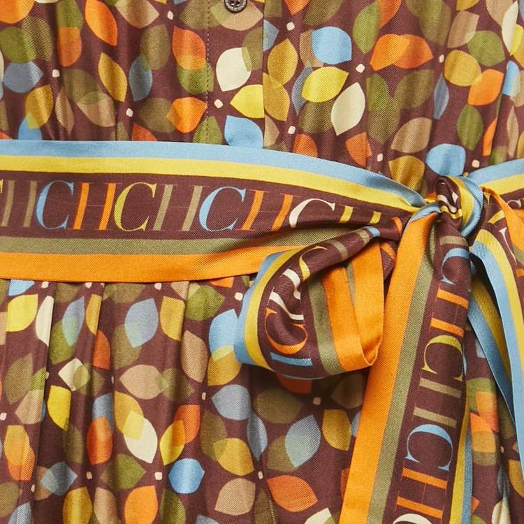 Pre Owned CH Carolina Herrera Brown Floral Print Silk Belted Midi Dress S 