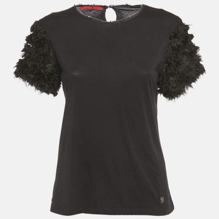 Pre Owned CH Carolina Herrera Black Rose Applique Detail Cotton Blend Frayed T-Shirt L