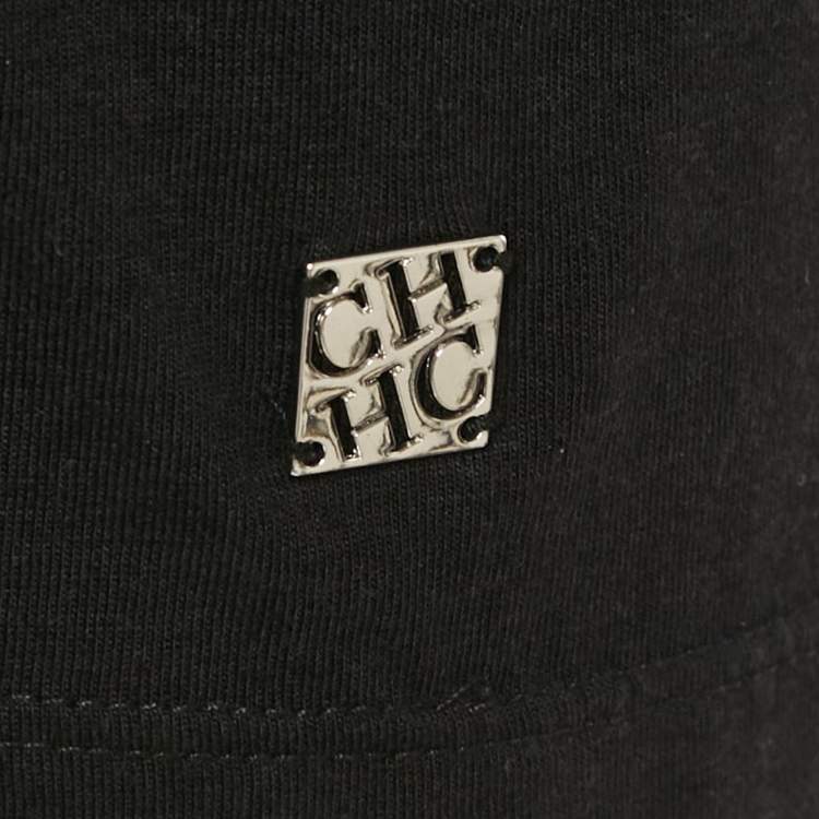 Pre Owned CH Carolina Herrera Black Rose Applique Detail Cotton Blend Frayed T-Shirt L