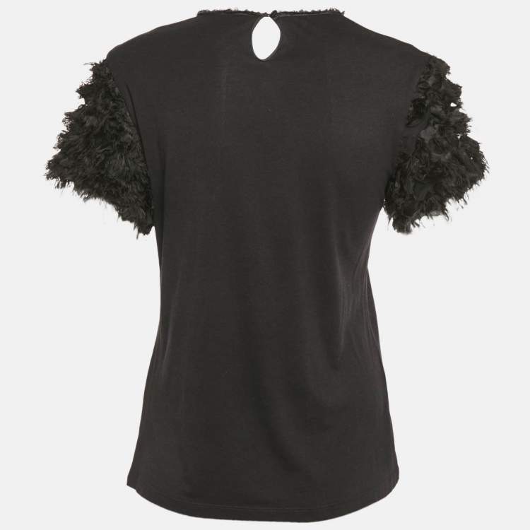Pre Owned CH Carolina Herrera Black Rose Applique Detail Cotton Blend Frayed T-Shirt L