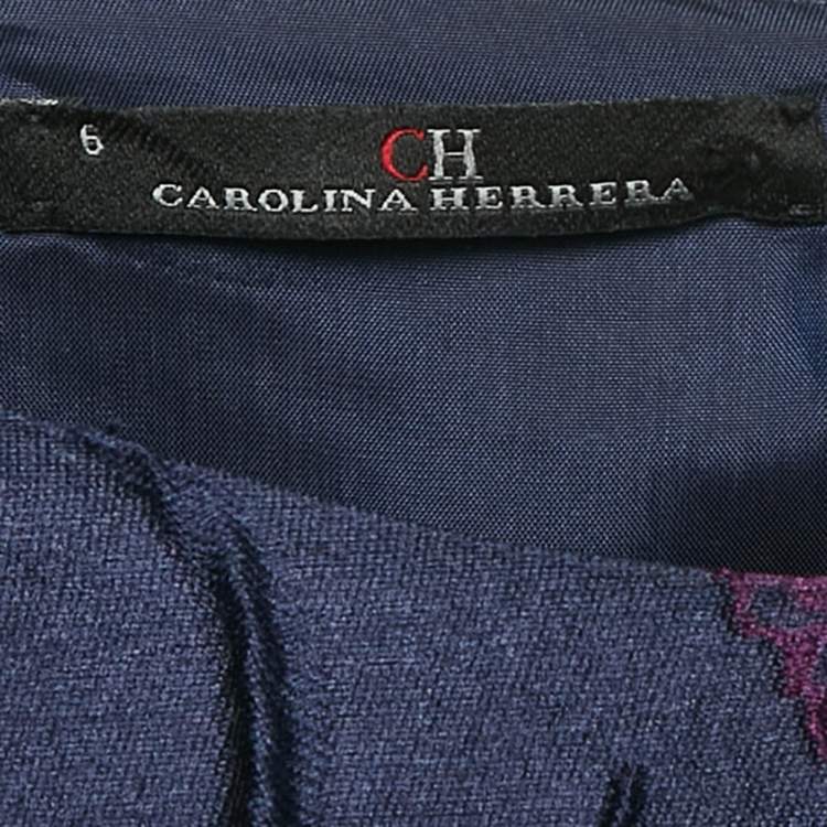 Pre Owned CH Carolina Herrera Navy Blue Rose Embossed Crepe Sleeveless Maxi Dress M