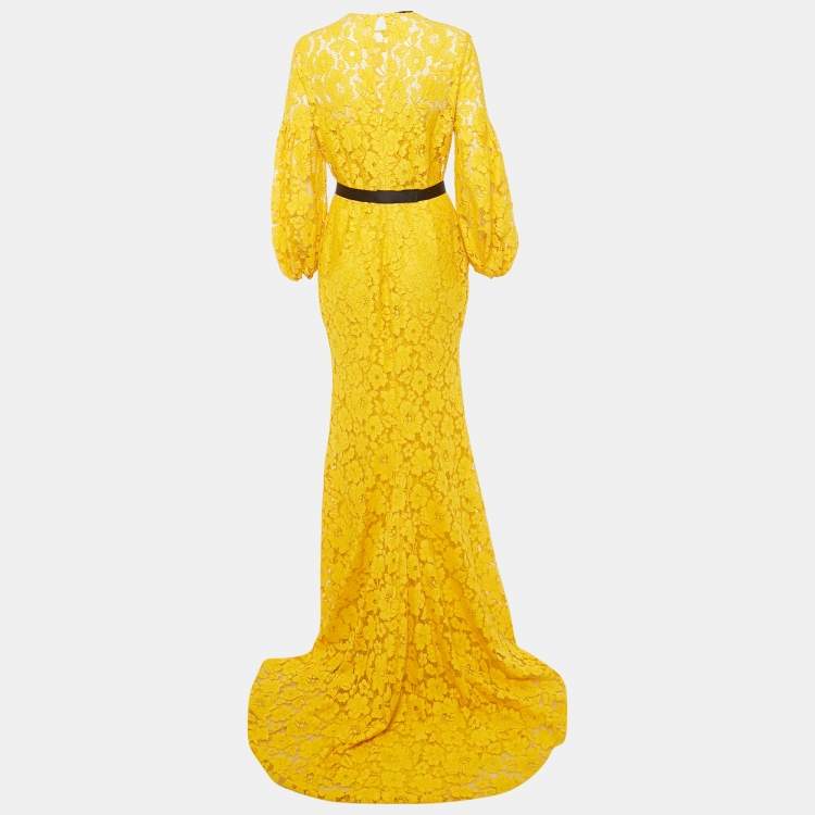 Pre Owned CH Carolina Herrera Yellow Lace Belted Long Dress M