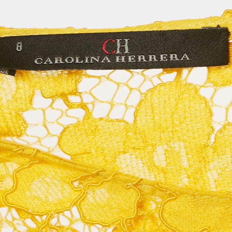 Pre Owned CH Carolina Herrera Yellow Lace Belted Long Dress M