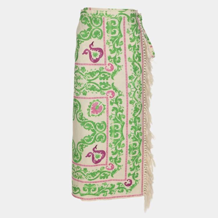 Pre Owned CH Carolina Herrera Multicolor Printed Canvas Wrap Belted Midi Skirt S