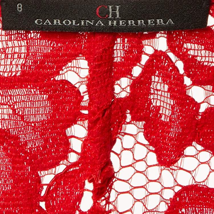 Pre Owned CH Carolina Herrera Red Lace Cropped Peplum Jacket M