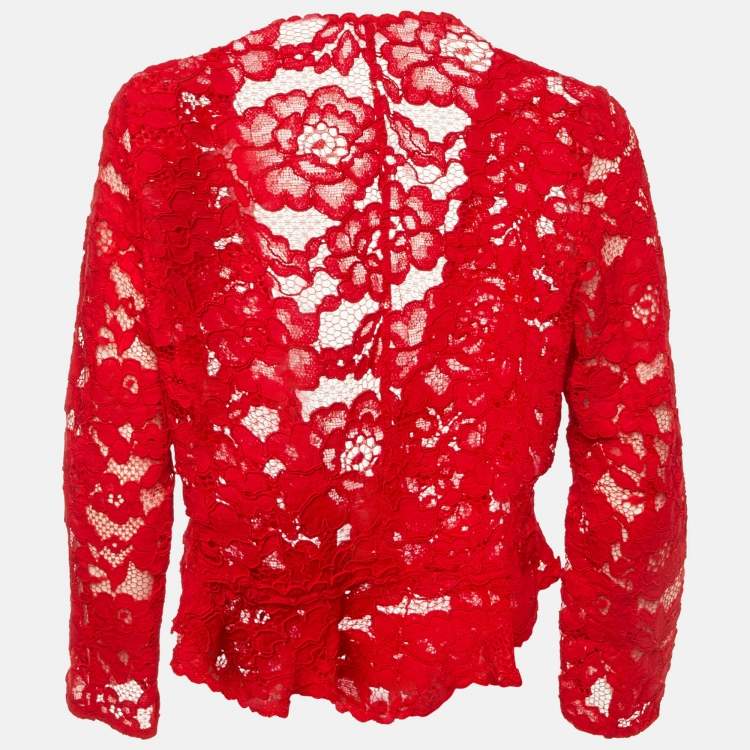 Pre Owned CH Carolina Herrera Red Lace Cropped Peplum Jacket M