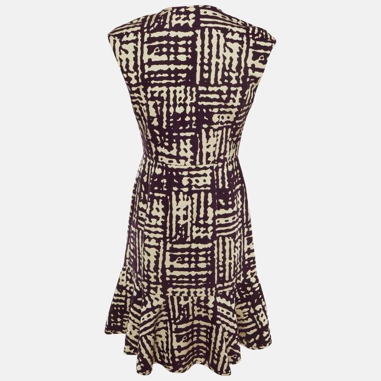 Pre Owned CH Carolina Herrera Purple /White Patterned Knit Flounced Hem Short Dress S 