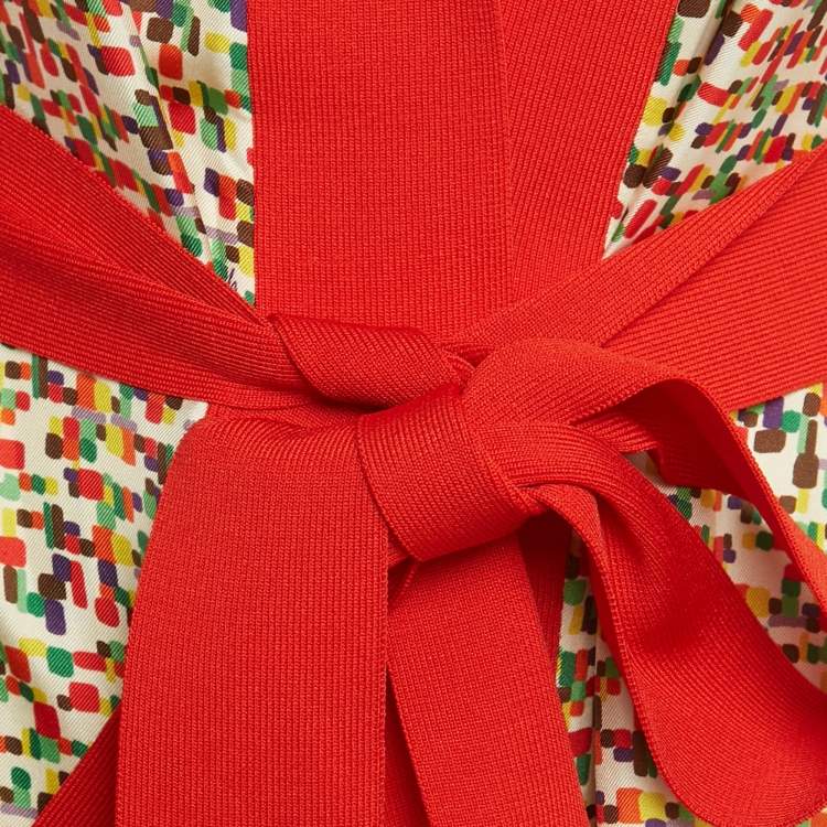 Pre Owned CH Carolina Herrera Printed Silk and Knit Belted Cardigan M