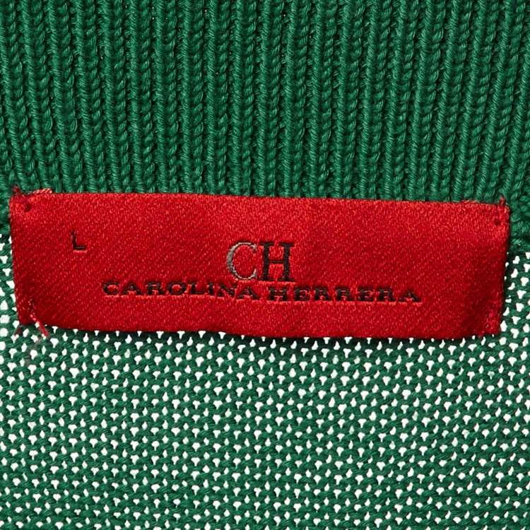 Pre Owned CH Carolina Herrera Green Logo Cotton Knit Button Front Cardigan L
