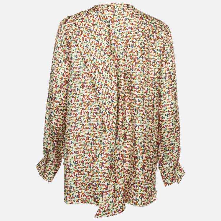 Pre Owned CH Carolina Herrera Multicolor Printed Silk Frill Detail Blouse S