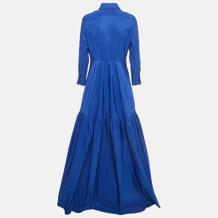 Pre Owned CH Carolina Herrera Roya Blue Taffeta Pocketed Flared Shirt Dress M