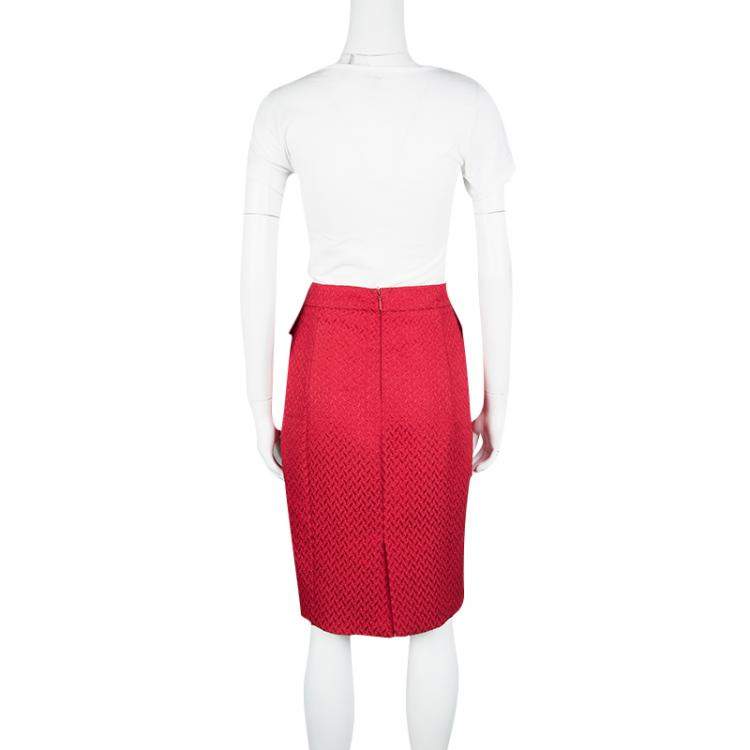 Pre Owned CH Carolina Herrera Red Textured Pencil Skirt M
