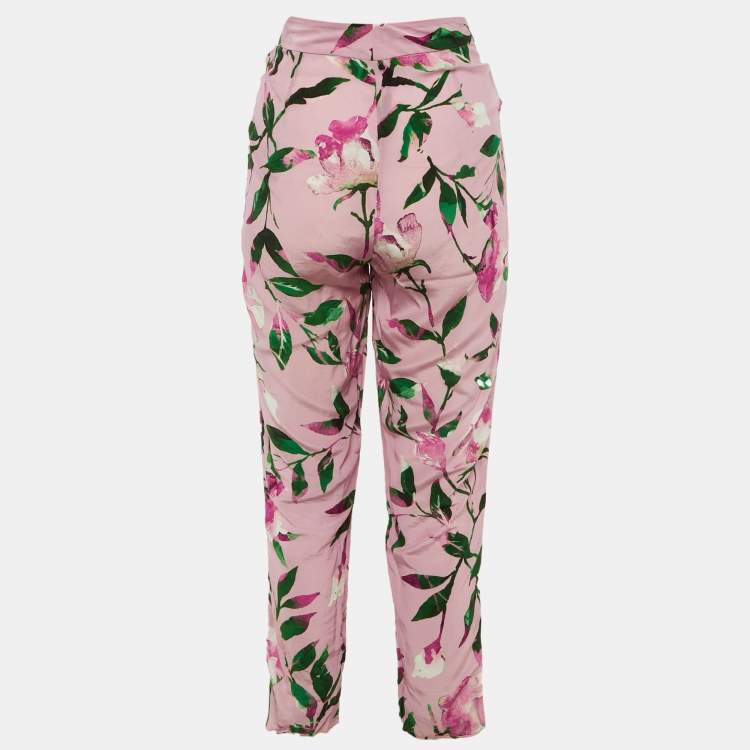 Pre Owned CH Carolina Herrera Pink Floral Pint Silk Blend Trousers M