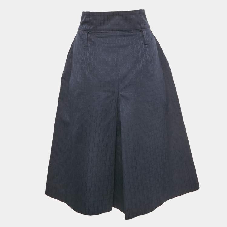 Pre Owned CH Carolina Herrera Navy Blue Monogram Jacquard Midi Skirt L