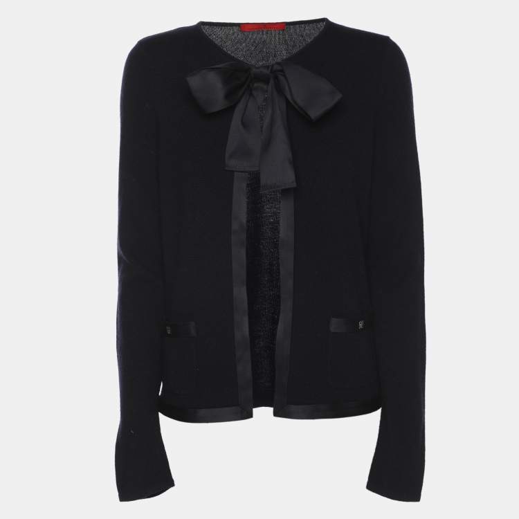 Pre Owned CH Carolina Herrera Navy Blue Wool Blend Bow Cardigan S