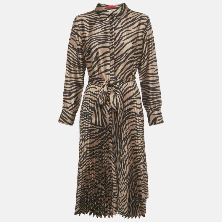 Pre Owned CH Carolina Herrera Brown Animal Print Satin Plisse Midi Dress L