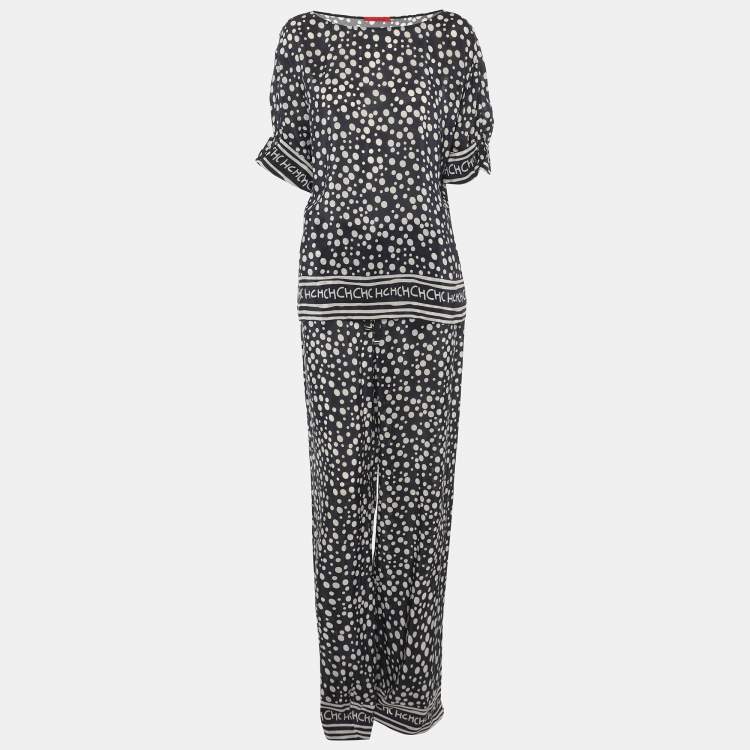 Pre Owned CH Carolina Herrera Blue/White Polka Dot Silk Top and Pant Set M