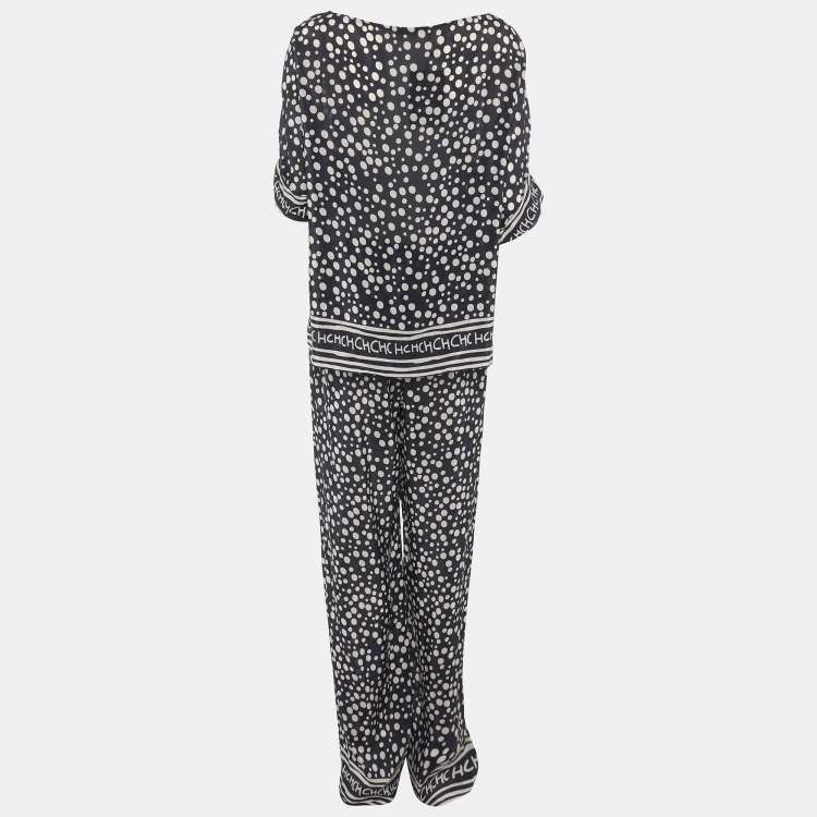 Pre Owned CH Carolina Herrera Blue/White Polka Dot Silk Top and Pant Set M