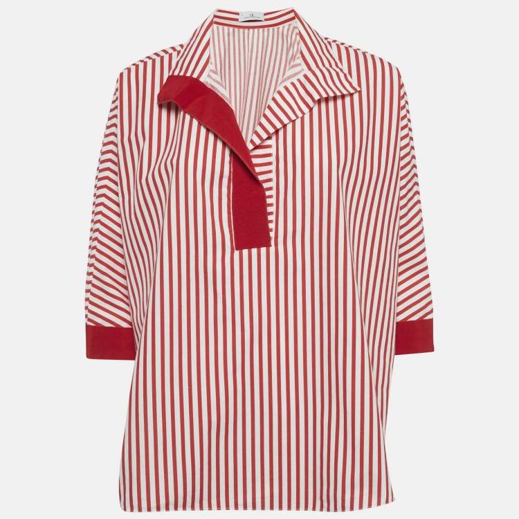 Pre Owned CH Carolina Herrera Red Striped Cotton Oversized Top S