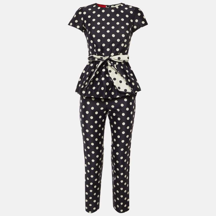 Pre Owned CH Carolina Herrera Navy Blue Polka Dot Print Cotton Top & Pants Set S/XS