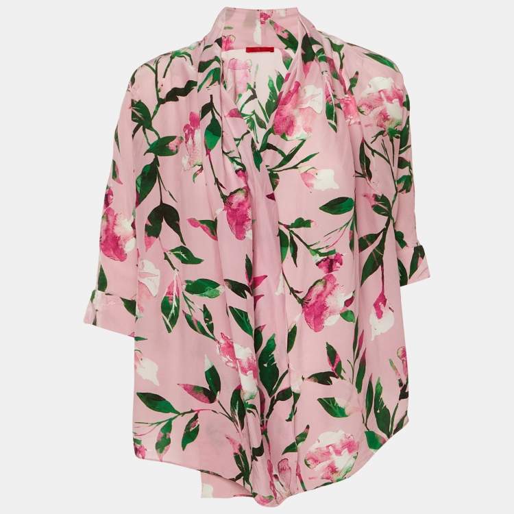 Pre Owned CH Carolina Herrera Pink Floral Print Crepe & Silk Blend Wrap Around Top XXS 