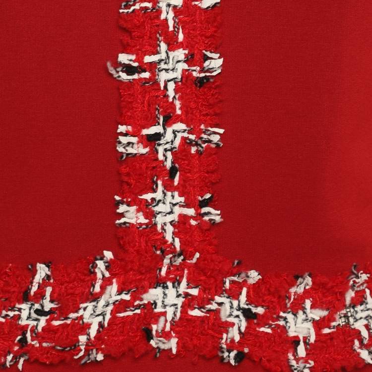 Pre Owned CH Carolina Herrera Red Jersey Tweed Detail Midi Dress XXS