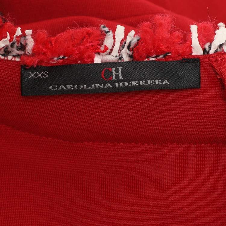 Pre Owned CH Carolina Herrera Red Jersey Tweed Detail Midi Dress XXS