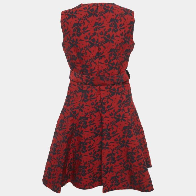Pre Owned CH Carolina Herrera Red Embossed Floral Print Belted Mini Dress S
