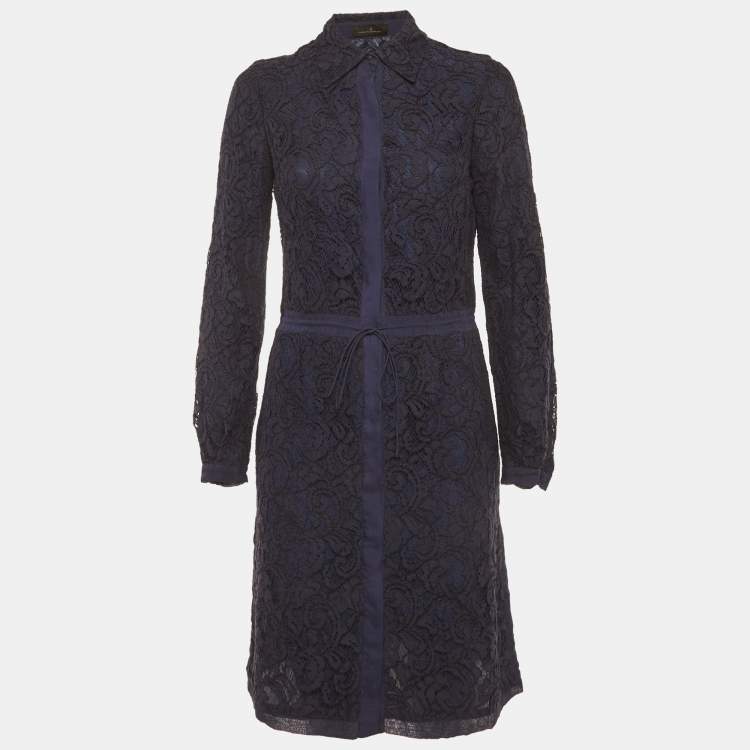Pre Owned CH Carolina Herrera Navy Blue Guipure Lace Shirt Dress S