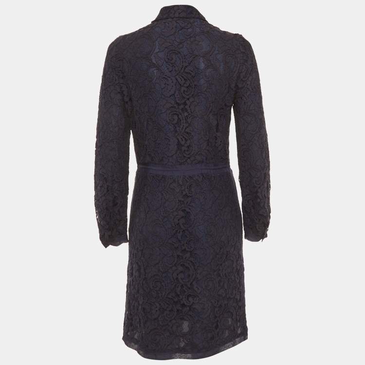Pre Owned CH Carolina Herrera Navy Blue Guipure Lace Shirt Dress S