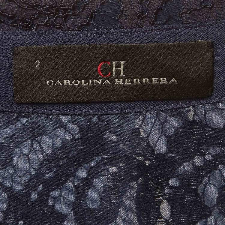 Pre Owned CH Carolina Herrera Navy Blue Guipure Lace Shirt Dress S