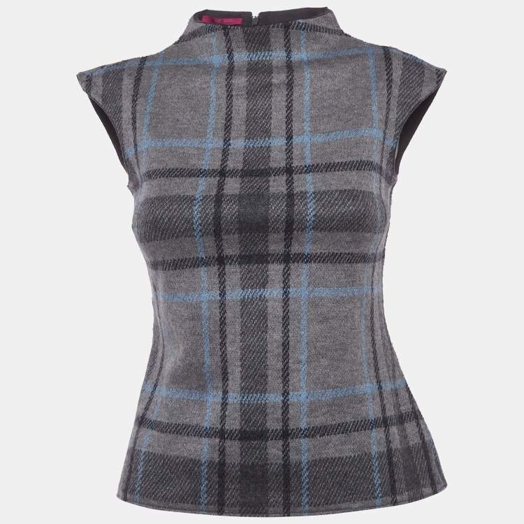 Pre Owned Carolina Herrera Grey Checks Wool Sleeveless Top S