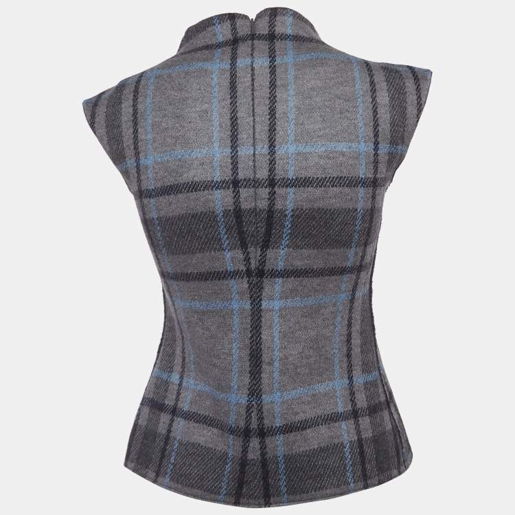 Pre Owned Carolina Herrera Grey Checks Wool Sleeveless Top S