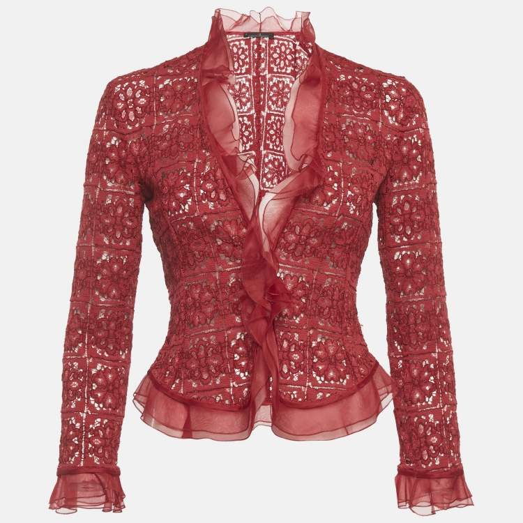 مملوكة مسبقًا CH Carolina Herrera Red Guipure Lace Ruffle Crop Jacket M