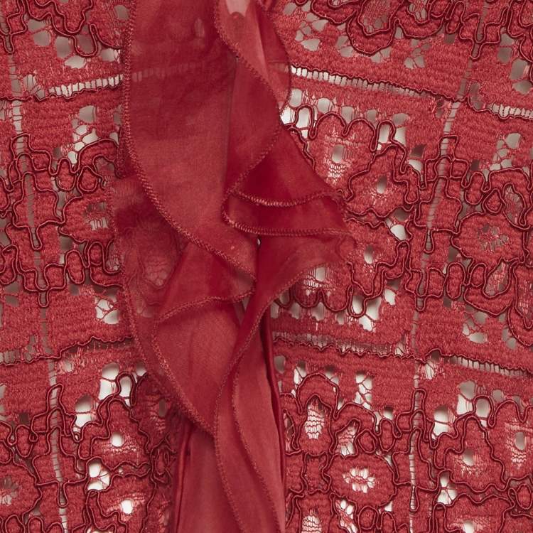 مملوكة مسبقًا CH Carolina Herrera Red Guipure Lace Ruffle Crop Jacket M