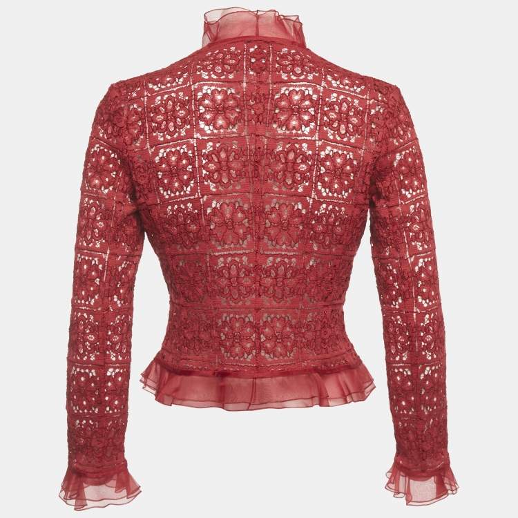 مملوكة مسبقًا CH Carolina Herrera Red Guipure Lace Ruffle Crop Jacket M